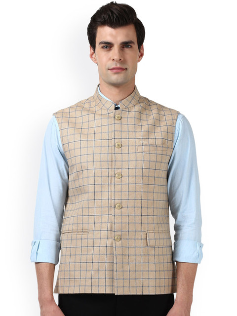 

ColorPlus Beige Checked Wool Nehru Jacket