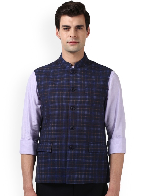 

ColorPlus Blue Checked Wool Nehru Jacket