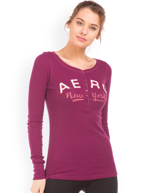 

Aeropostale Women Purple Printed Henley Neck T-shirt