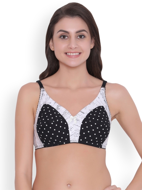 

Clovia Cotton Rich Non-Padded Non-Wired Polka Print Bra, Black