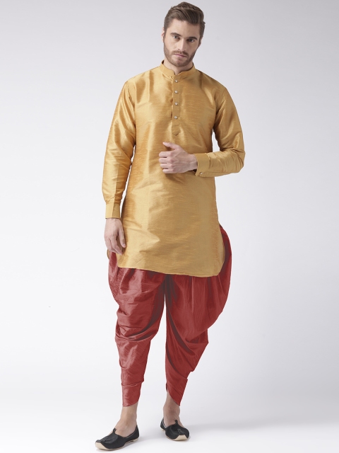 

Hangup Men Mustard Yellow & Red Solid Kurta with Dhoti Pants