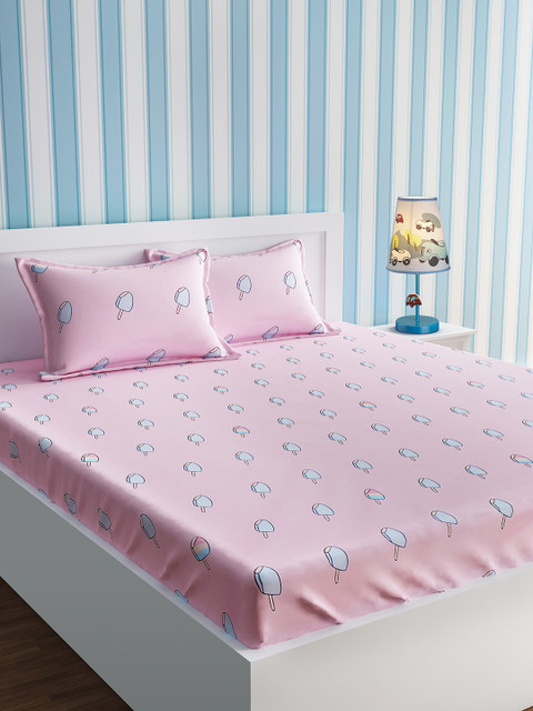 

URBAN DREAM Pink Conversational Flat 210 TC Cotton 1 King Bedsheet with 2 Pillow Covers