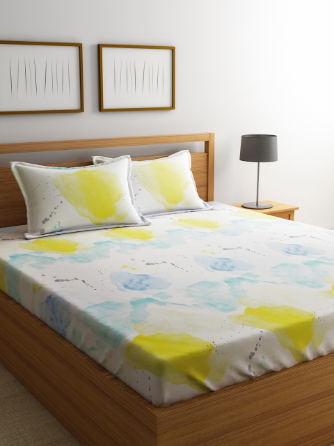 

URBAN DREAM White & Yellow Abstract Flat 210 TC Cotton 1 Queen Bedsheet with 2 Pillow Covers
