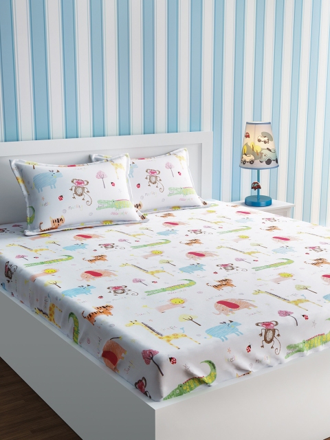 

URBAN DREAM White Cartoon Characters Flat 210 TC Cotton 1 Queen Bedsheet with 2 Pillow Covers