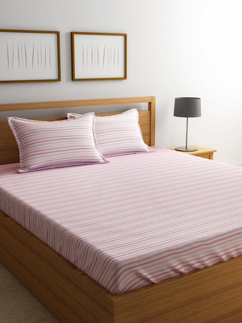 

URBAN DREAM Pink & Off-White Striped Flat 210 TC Cotton 1 King Bedsheet with 2 Pillow Covers