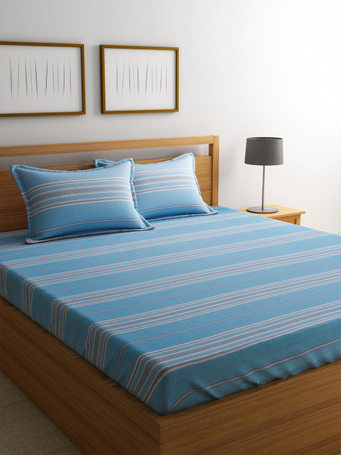 

URBAN DREAM Turquoise Blue Striped Flat 210 TC Cotton 1 King Bedsheet with 2 Pillow Covers