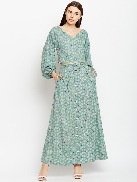 

Meee Women Green Printed Two-Piece Dress