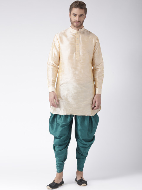 

Hangup Men Off-White & Teal Green Solid Kurta with Dhoti Pants