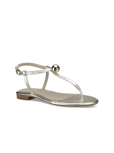 

Saint G Women Gold-Toned Solid Leather T-Strap Flats