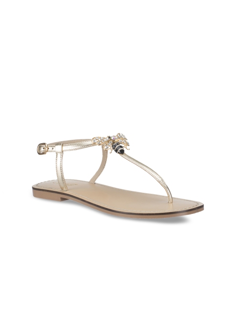 

Saint G Women Gold-Toned Solid Leather T-Strap Flats