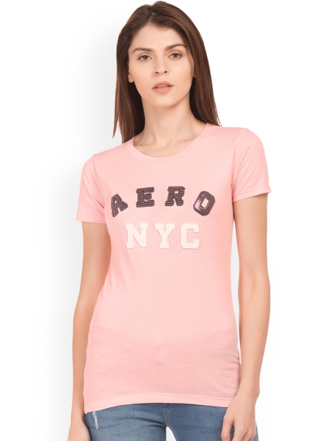 

Aeropostale Women Pink Embellished Round Neck T-shirt