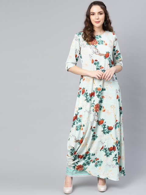 

Vishudh Women Green & Rust Orange Printed A-Line Asymmetric Kurta