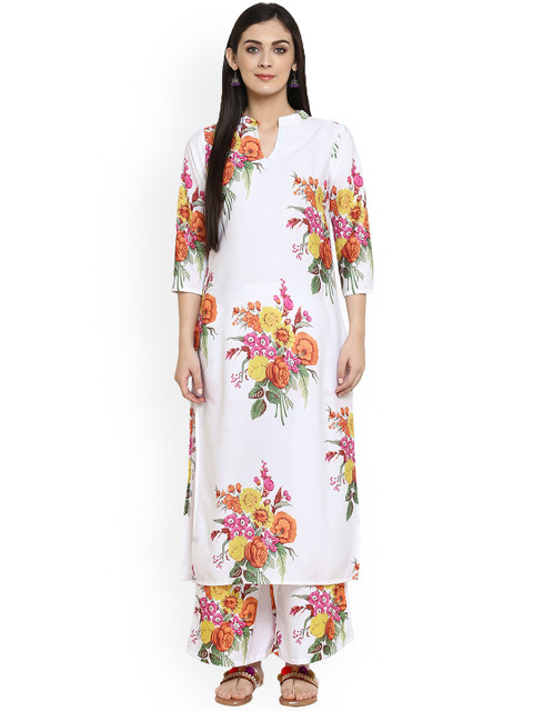 

ZIYAA Women White & Orange Printed Kurta with Palazzos