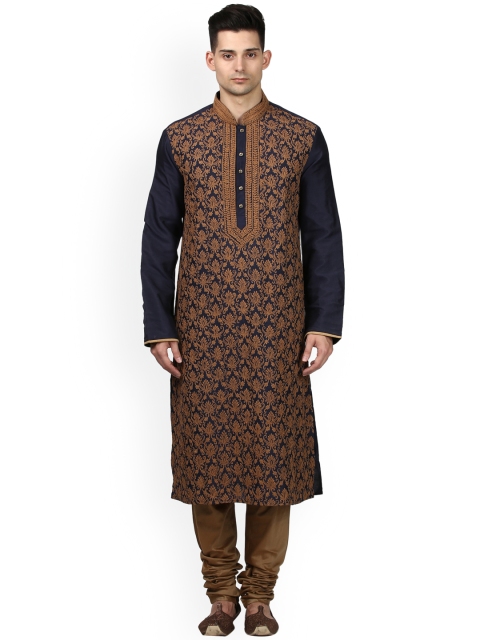 

ethnix Men Navy Blue & Brown Embroidered Kurta with Churidar