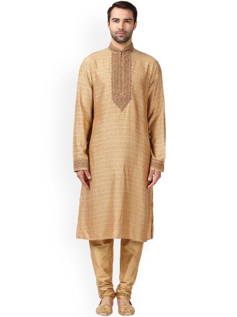 

ethnix Men Beige Self-Design Kurta with Churidar