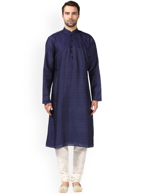 

ethnix Men Blue & Off-White Embroidered Kurta with Churidar