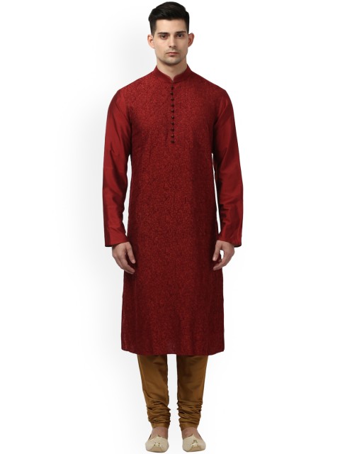 

ethnix Men Maroon Embroidered Kurta with Churidar