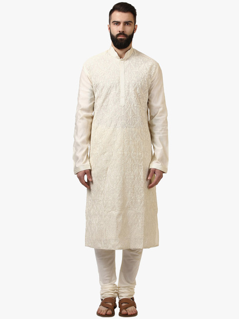 

ethnix Men Off-White Embroidered Kurta with Churidar