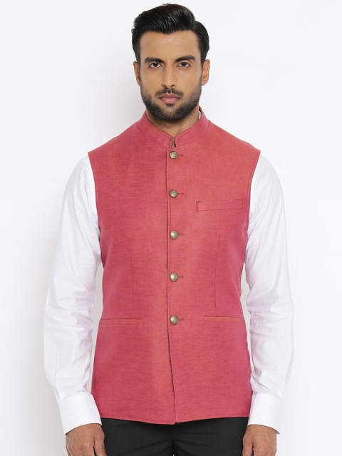 

Park Avenue Men Coral Red Solid Reversible Linen Nehru Jacket