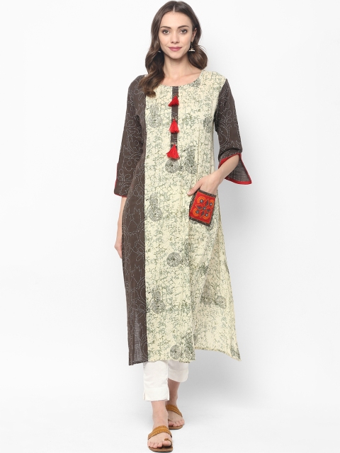 

Mytri Women Cream & Brown Tribal Print Straight Kurta