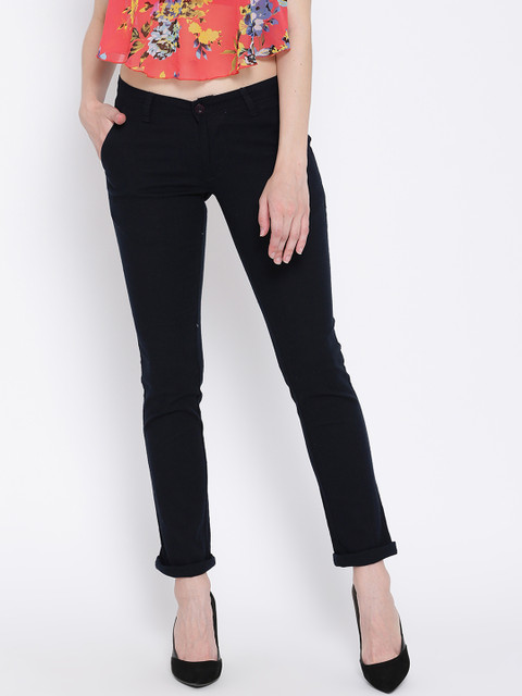 

Fashion Cult Women Navy Blue Slim Fit Solid Cigarette Trousers