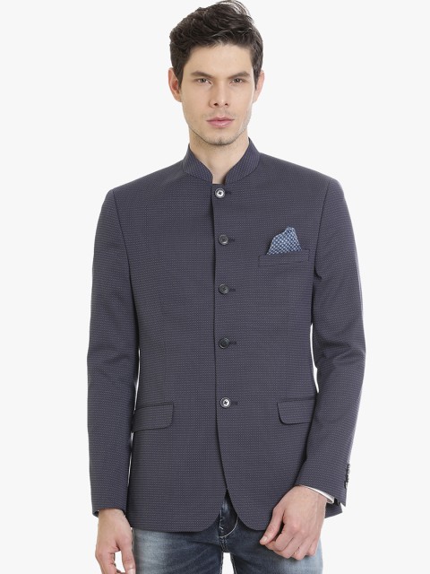 

SUITLTD Men Navy-Blue Self-Design Bandhgala Blazer