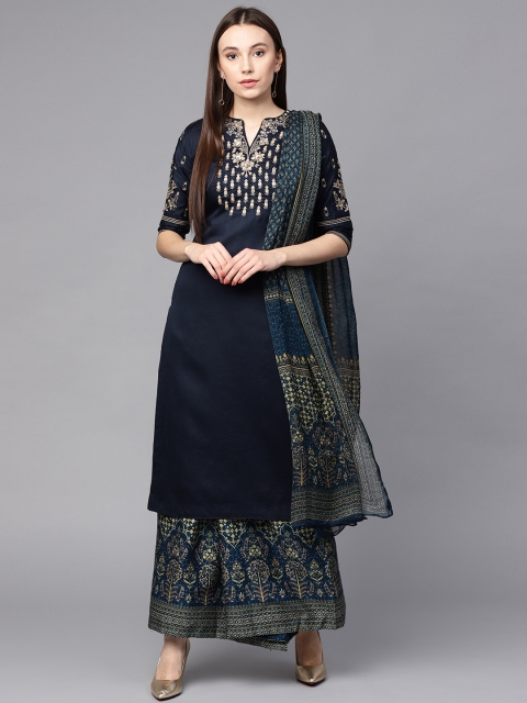 

Saree mall Navy Blue Embroidered Unstitched Dress Material