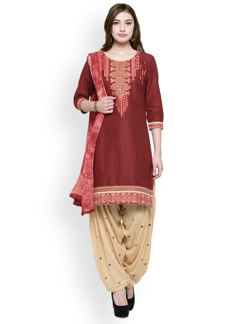 

Kvsfab Maroon & Beige Cotton Blend Unstitched Dress Material