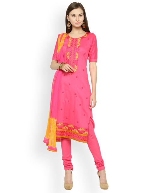

Kvsfab Pink & Yellow Cotton Blend Unstitched Dress Material