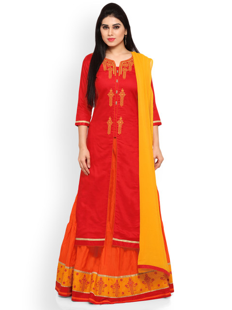 

Kvsfab Red & Orange Cotton Blend Semi-Stitched Dress Material