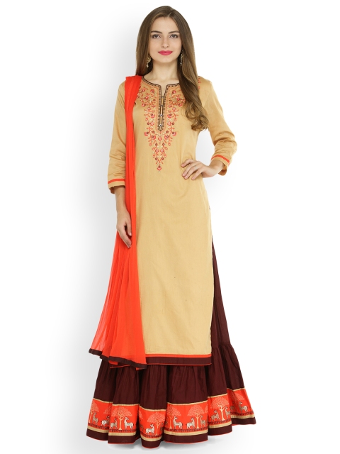 

Kvsfab Beige & Brown Cotton Blend Semi-Stitched Dress Material