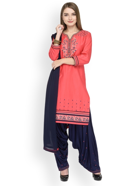 

Kvsfab Coral Pink & Navy Blue Cotton Blend Unstitched Dress Material