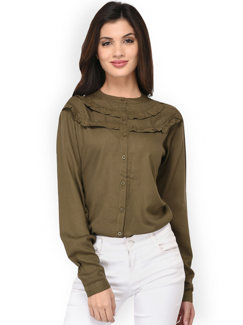 

PURYS Women Olive Green Regular Fit Solid Casual Shirt