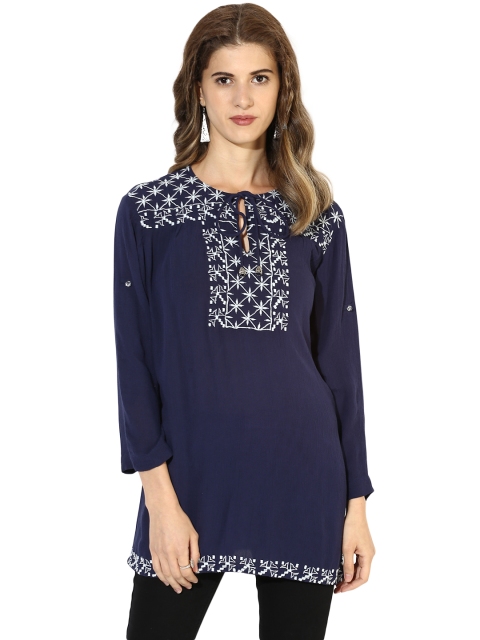 

Magzayra Navy Blue & White Embroidered Tunic