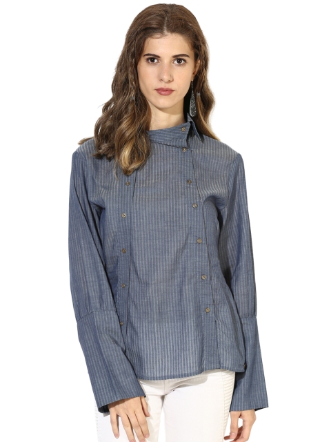 

Magzayra Women Blue Striped Shirt Style Top