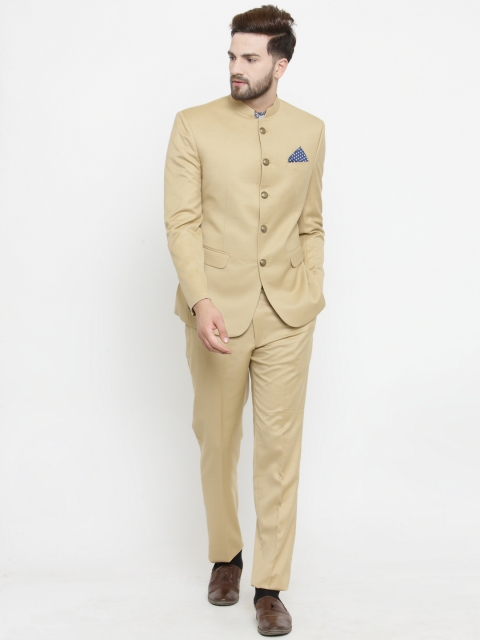 

LUXURAZI Beige Solid Single-Breasted Bandhgala Suit