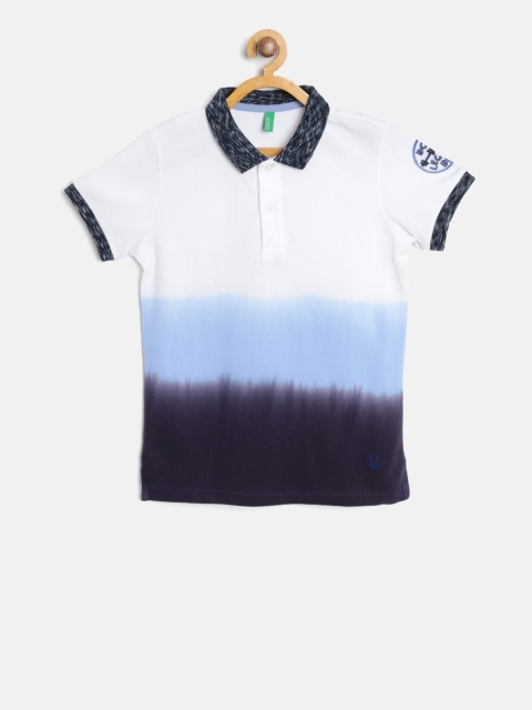 

United Colors of Benetton Boys White Blue Dyed Polo Collar Pure Cotton T-shirt