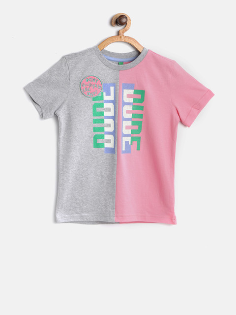 

United Colors of Benetton Boys Pink & Grey Melange Colourblocked Round Neck T-shirt
