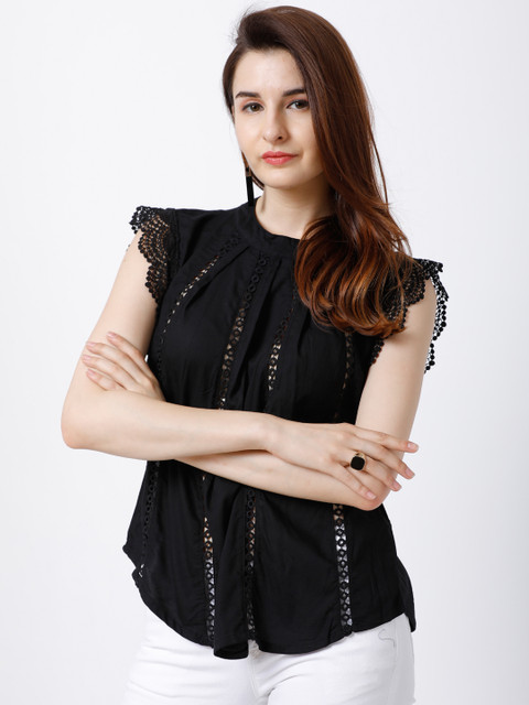 

Tokyo Talkies Women Black Solid Top with Lace Inserts