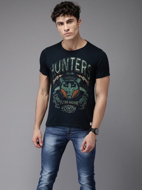 

Flying Machine Men Navy Blue Printed Round Neck T-shirt
