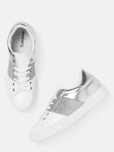 

DressBerry Women White & Silver-Toned Colourblocked Sneakers with Shimmer Detail