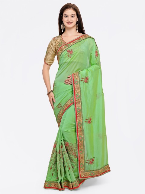 

Kvsfab Green & Beige Poly Georgette Embroidered Saree
