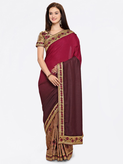 

Kvsfab Rust & Brown Poly Georgette Embroidered Saree