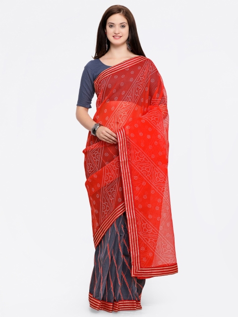 

Kvsfab Grey & Red Supernet Printed Saree