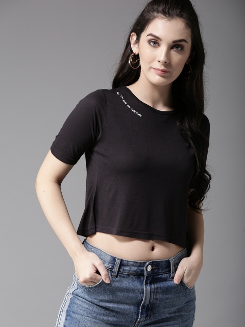 

Moda Rapido Women Black Solid Round Neck T-shirt