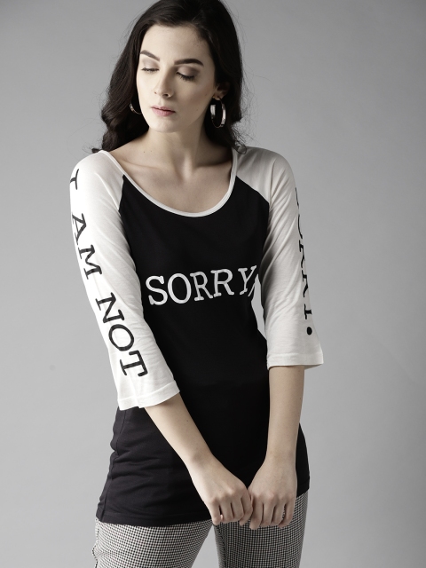 

Moda Rapido Women Black & Off-White Printed Scoop Neck T-shirt