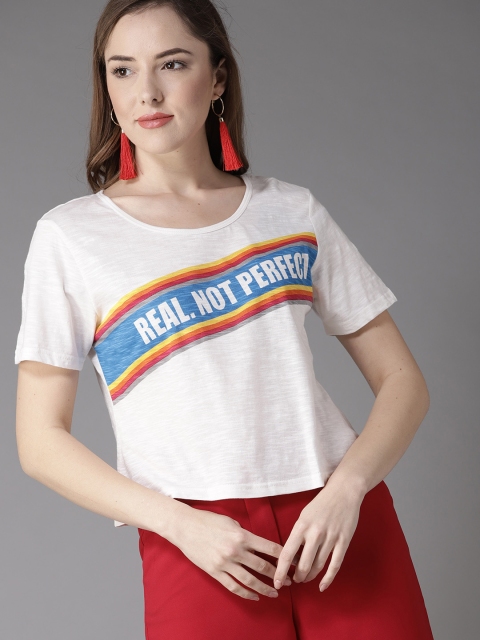 

Moda Rapido Women White Printed Round Neck Crop T-shirt