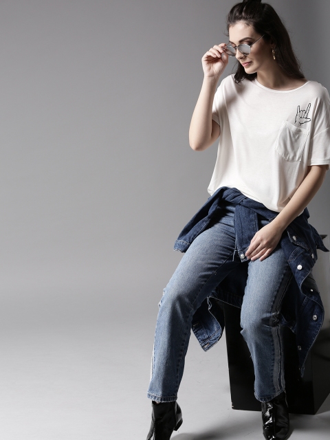 

Moda Rapido Women Off-White Solid Round Neck T-shirt