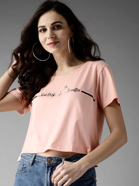

Moda Rapido Women Peach-Coloured Solid Round Neck Cropped Boxy T-shirt