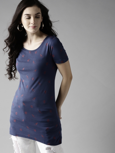 

Moda Rapido Women Navy Blue Printed Round Neck Longline T-shirt